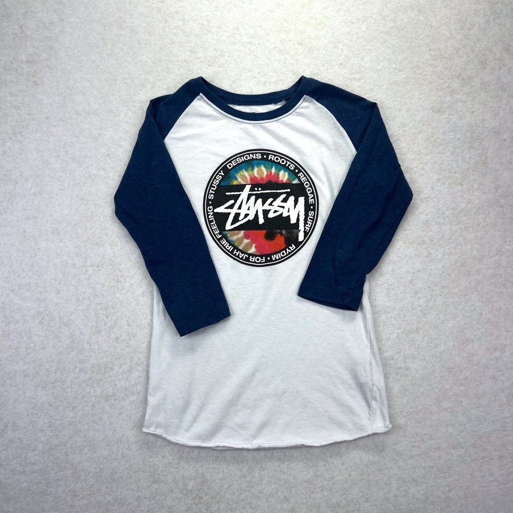 Stussy Raglan Baseball Tee Womens XS White Navy Reggae Surf Graphic 3/4 Sleeve